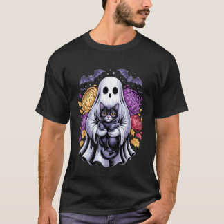Spooky Ghost Cats Floral Pumpkin Cute Black Cat Ha T-Shirt