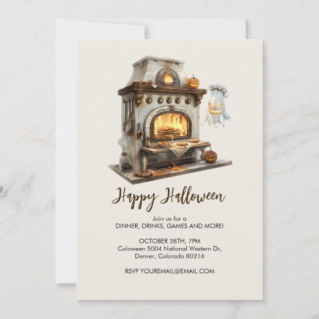 Spooky Ghost Chef with Antique Stove, Halloween Invitation (Front)
