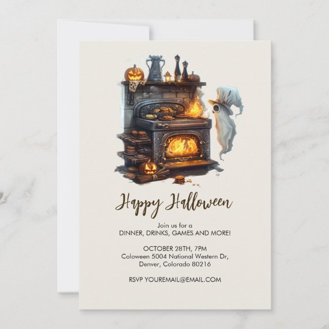 Spooky Ghost Chef with Classic Oven, Halloween Invitation (Front)