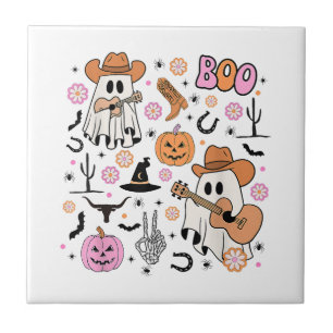 Spooky Ghost Cowboy Cute Halloween Boo Western Ret Ceramic Tile