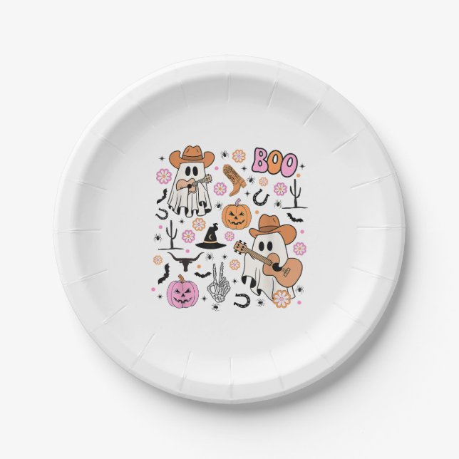 Spooky Ghost Cowboy Cute Halloween Boo Western Ret Paper Plates (Front)