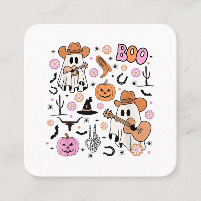 Spooky Ghost Cowboy Cute Halloween Boo Western Ret Square Business Card (Front)