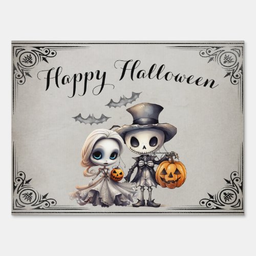 Spooky Ghost Doll and Skeleton Halloween Sign