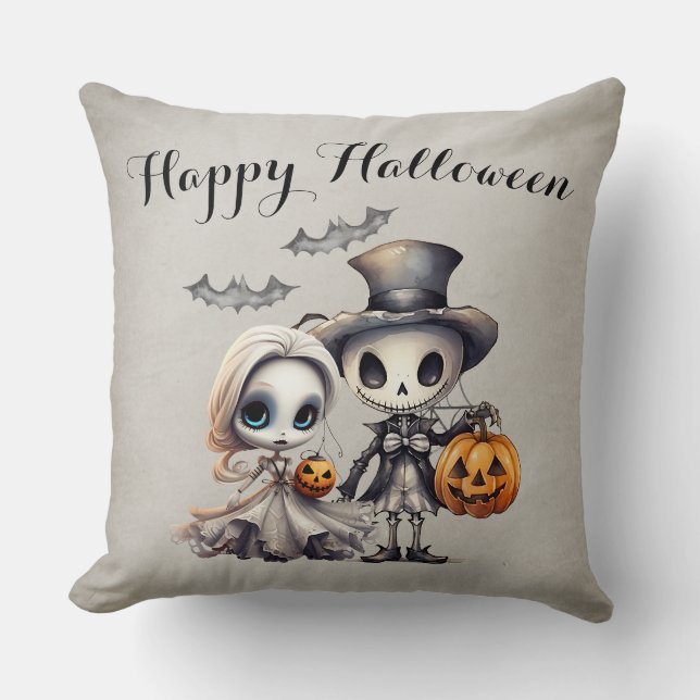 Spooky Ghost Doll and Skeleton Halloween Throw Pillow (Front)