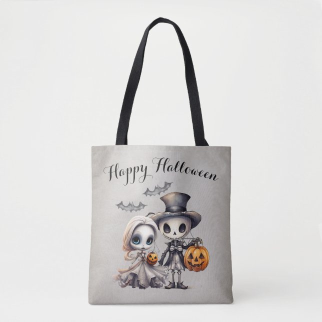 Spooky Ghost Doll and Skeleton Halloween Tote Bag (Front)