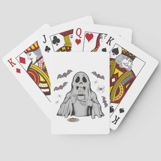Spooky Ghost Drinking Coffee Caffeine Halloween  Poker Cards (Back)