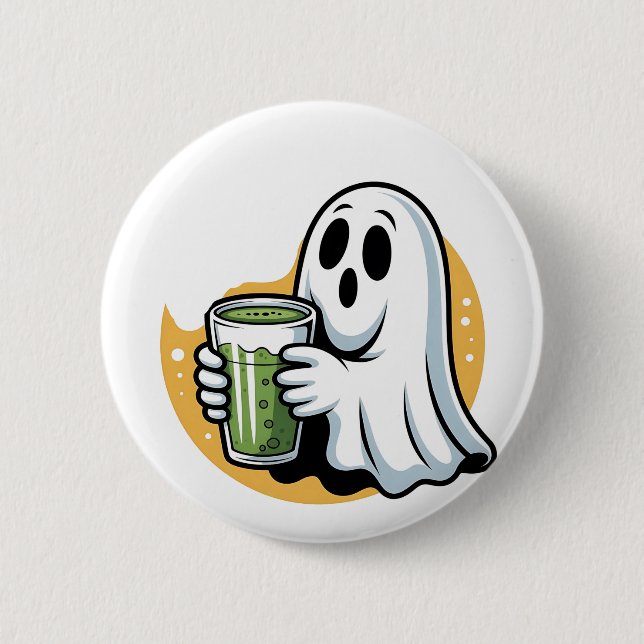 Spooky Ghost Drinking Matcha Halloween  Button (Front)