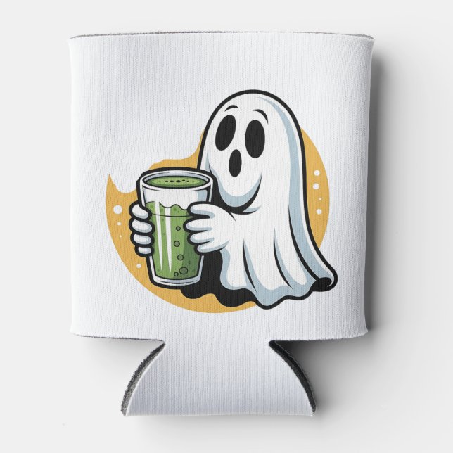 Spooky Ghost Drinking Matcha Halloween  Can Cooler (Front)