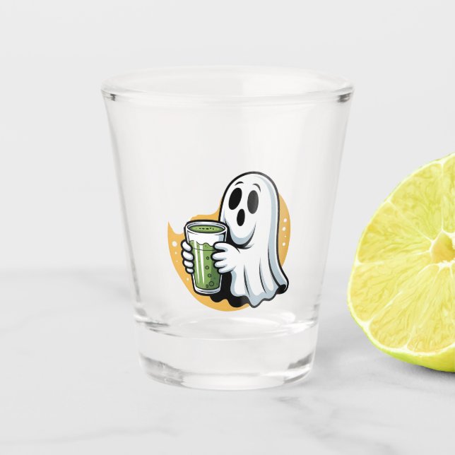 Spooky Ghost Drinking Matcha Halloween  Shot Glass (Front)