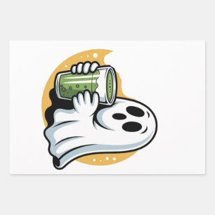 Spooky Ghost Drinking Matcha Halloween Wrapping Paper Sheets