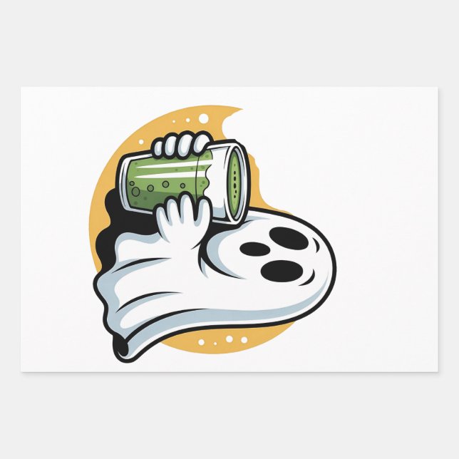 Spooky Ghost Drinking Matcha Halloween  Wrapping Paper Sheets (Front)