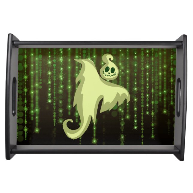 Spooky Ghost Green String Lights Black Wooden Serving Tray (Front)