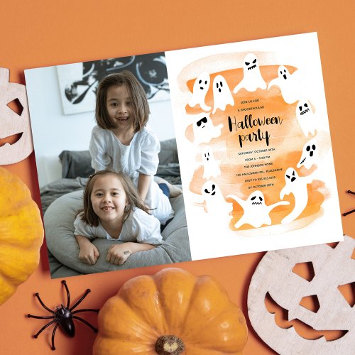 Spooky ghost Halloween party watercolor photo Holiday Card