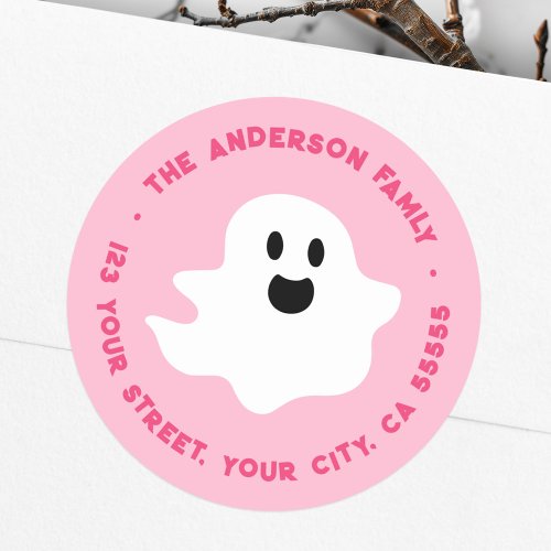 Spooky ghost Halloween pink return address Classic Round Sticker