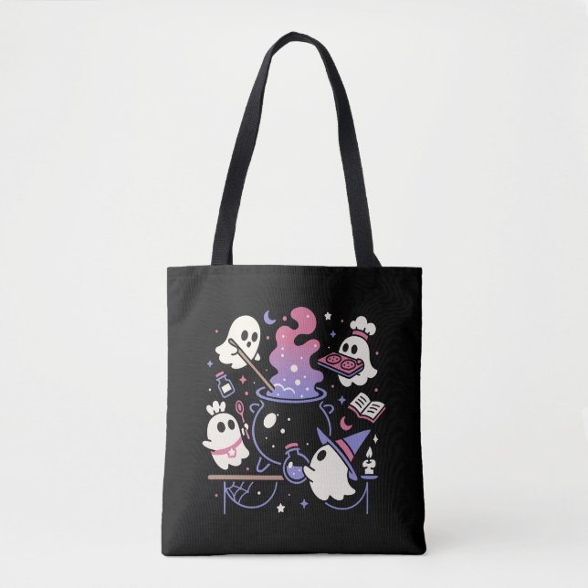 Spooky Ghost Halloween Witch Caldron Tote Bag (Front)