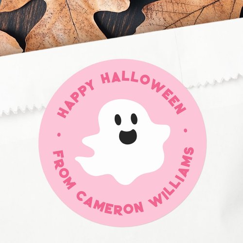 Spooky ghost Happy Halloween greeting pink Classic Round Sticker