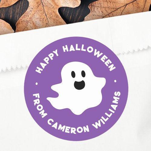 Spooky ghost Happy Halloween greeting purple Classic Round Sticker