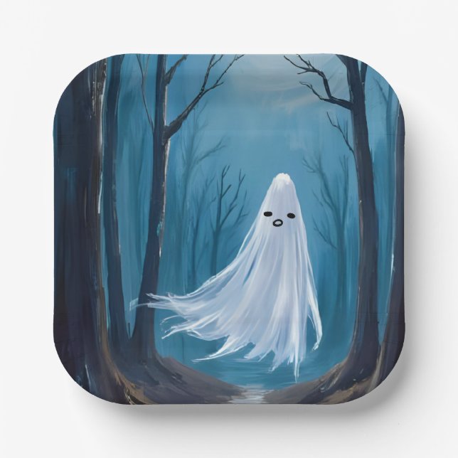Spooky Ghost | Happy Halloween Party Paper Plates (Front)