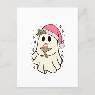 Spooky Ghost Holding a Gingerbread Christmas Invitation Postcard