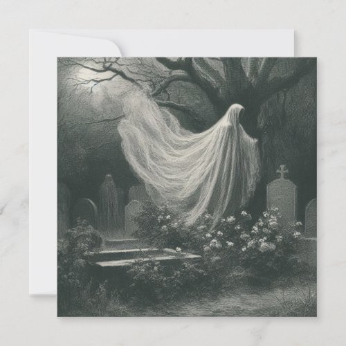 Spooky Ghost in Graveyard Horror Vintage Goth Card