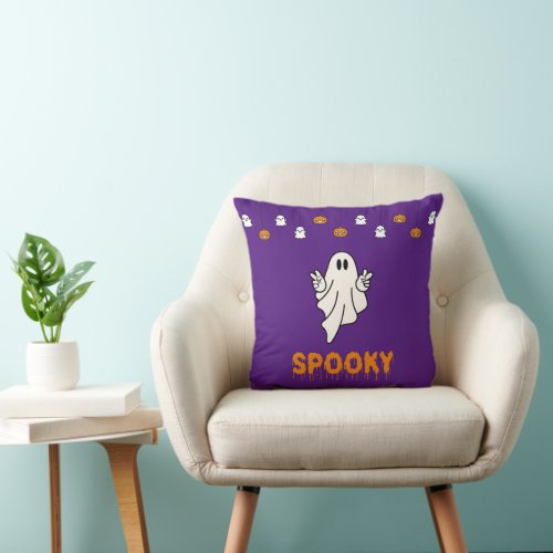 Spooky Ghost Jack_O Lanterns Purple Halloween Throw Pillow