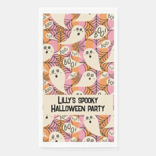 Spooky ghost kids with boo on pink orange stripes paper guest towels (Front)