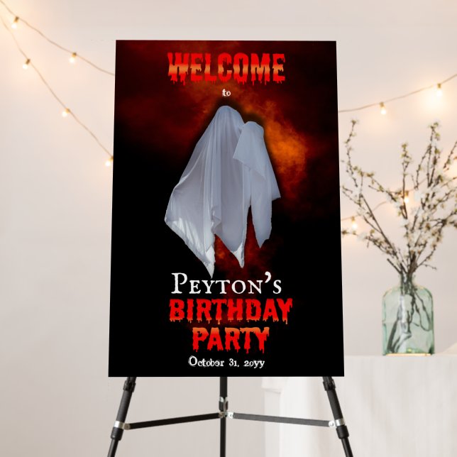Spooky Ghost on Fiery Sky Birthday Party Welcome Foam Board (In Situ (Stand))