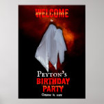 Spooky Ghost on Fiery Sky Birthday Party Welcome  Poster<br><div class="desc">Spooky and scary ghost on a fiery hellish sky background "Welcome" to "Birthday Party".  Just add name and date.</div>