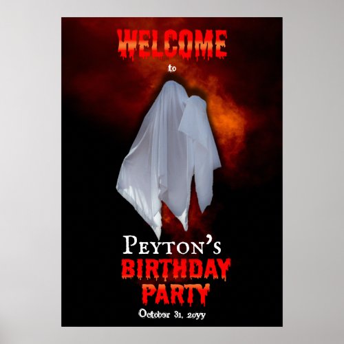 Spooky Ghost on Fiery Sky Birthday Party Welcome  Poster