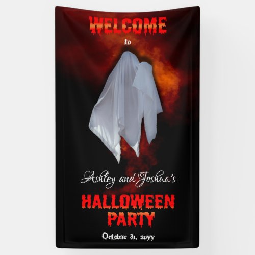 Spooky Ghost on Fiery Sky Halloween Party Welcome Banner