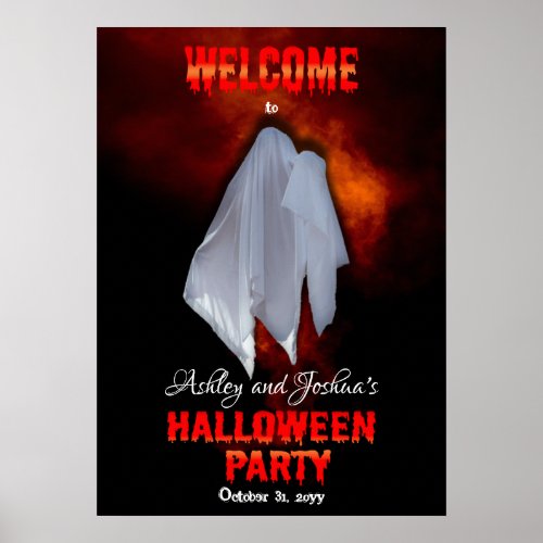 Spooky Ghost on Fiery Sky Halloween Party Welcome Poster