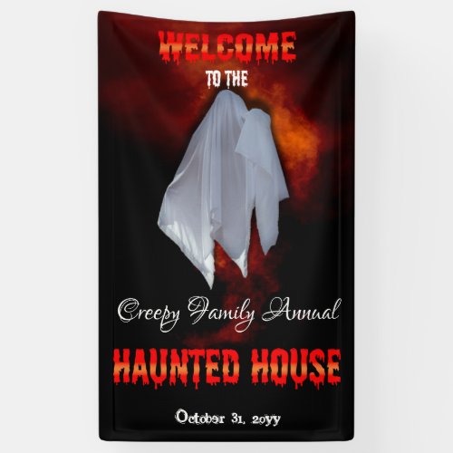 Spooky Ghost on Fiery Sky Haunted House Welcome Banner