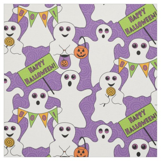 Spooky Ghost on Purple Halloween Pattern Fabric