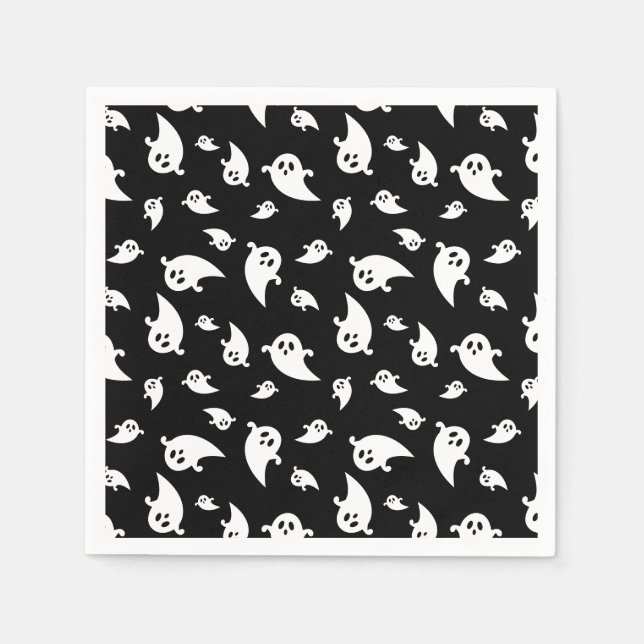 Spooky Ghost Pattern On Black Decorative Halloween Napkins (Front)
