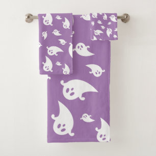 Spooky Ghost Pattern On Purple Cute Halloween Bath Towel Set