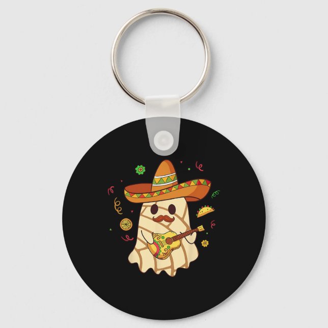 Spooky Ghost Play Guitar Conchas Pan Dulce Hallowe Keychain (Front)