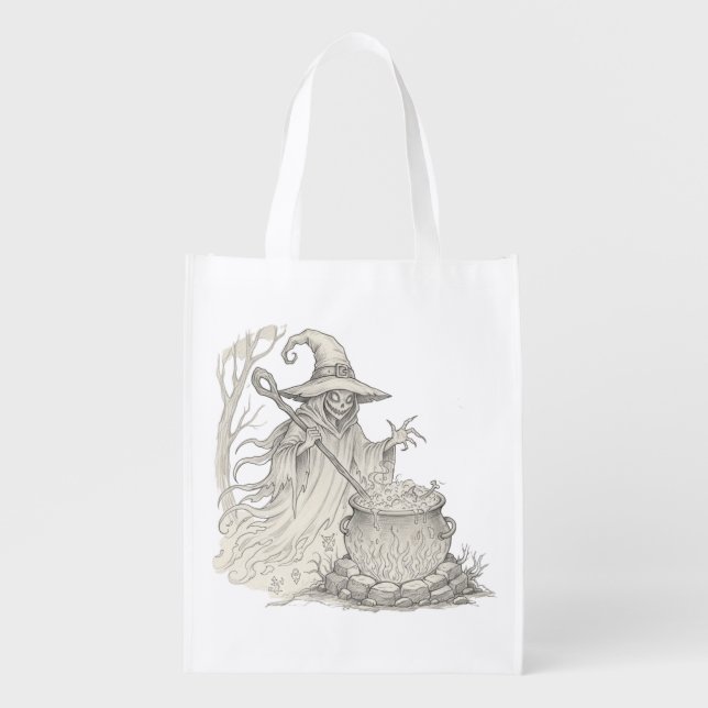 Spooky Ghost pot stirring Halloween T-Shirt Grocery Bag (Front)