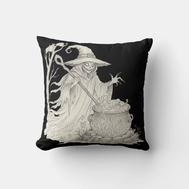 Spooky Ghost pot stirring Halloween T-Shirt Throw Pillow (Front)