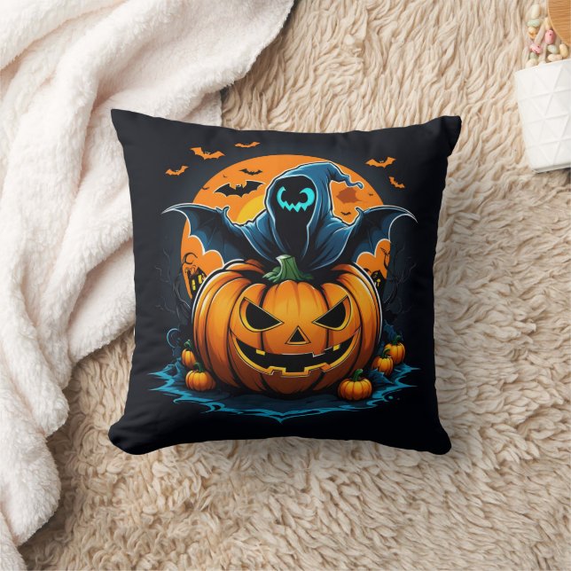 Spooky ghost rising from a carved pumpkin at night throw pillow (Blanket)