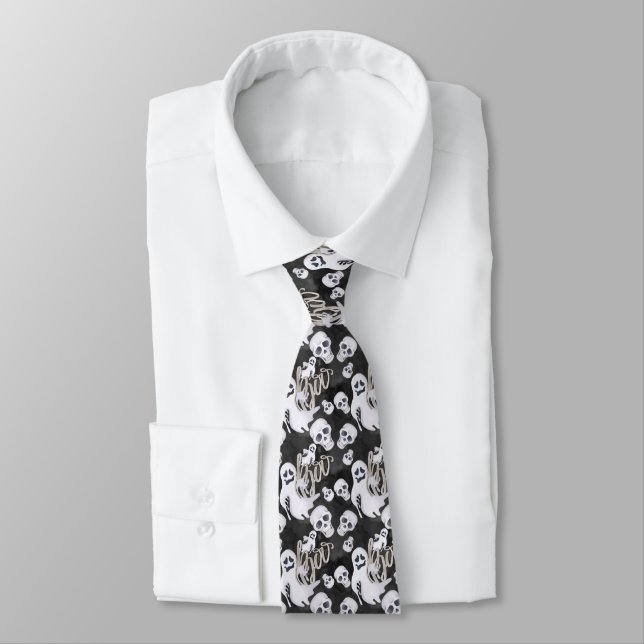 spooky ghost skulls Halloween tiled pattern Neck Tie (Tied)