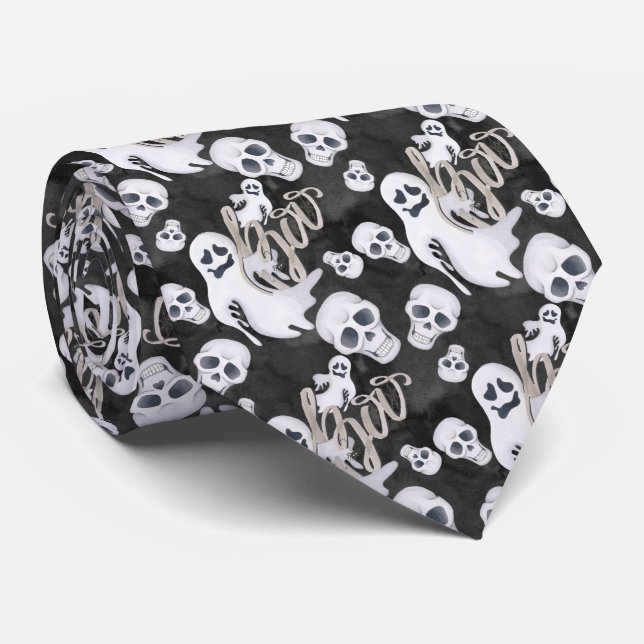spooky ghost skulls Halloween tiled pattern Neck Tie (Rolled)