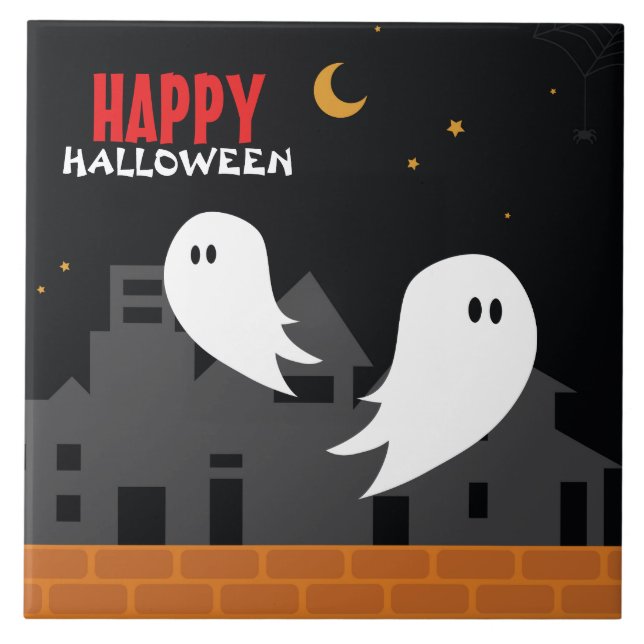 Spooky ghost town halloween cartoon  ceramic tile (Front)