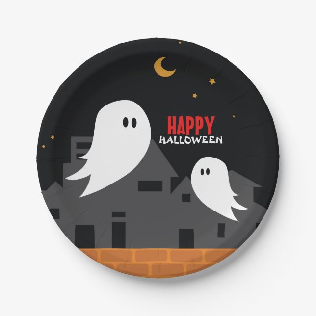 Spooky ghost town halloween cartoon  paper plates (Front)