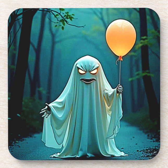 Spooky Ghost with Eerie Balloon Beverage Coaster (Front)