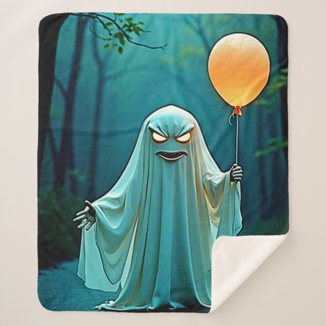 Spooky Ghost with Eerie Balloon Sherpa Blanket (Front)