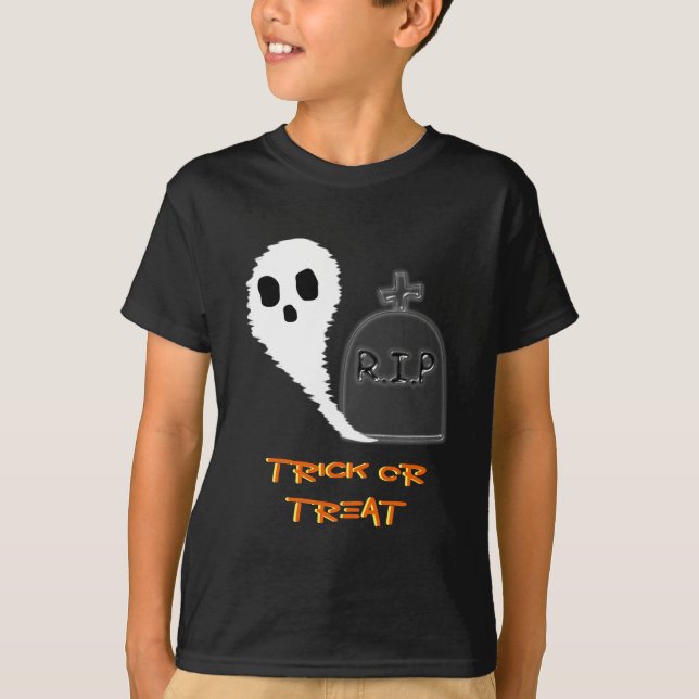 Spooky Ghost With Grave Halloween Boy's T-Shirt (Front)