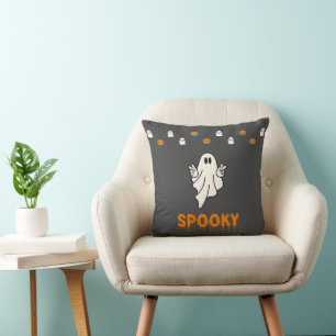Spooky Ghost with Jack-O' Lanterns Gray Halloween Throw Pillow