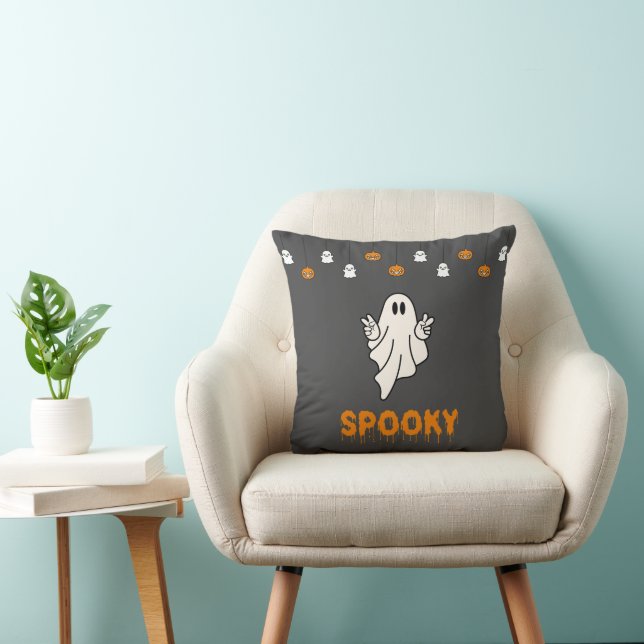 Spooky Ghost with Jack-O' Lanterns Gray Halloween Throw Pillow (Chair)