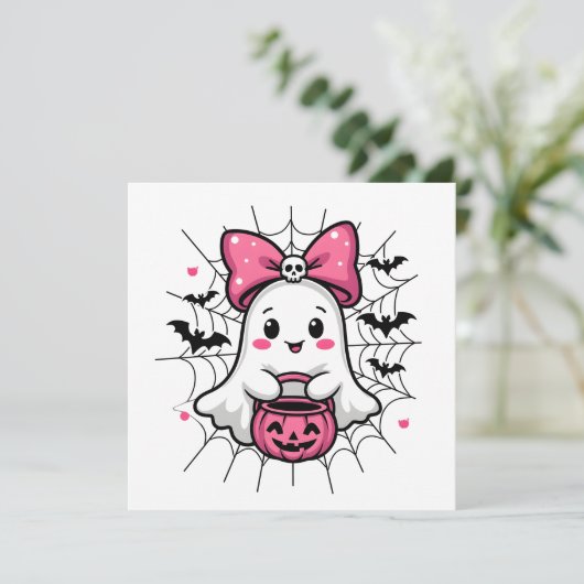 Spooky Ghost with Pink Bow Breast Cancer Awareness (Standing Front)