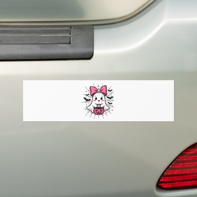 Spooky Ghost with Pink Bow Breast Cancer Awareness Bumper Sticker (On Car)